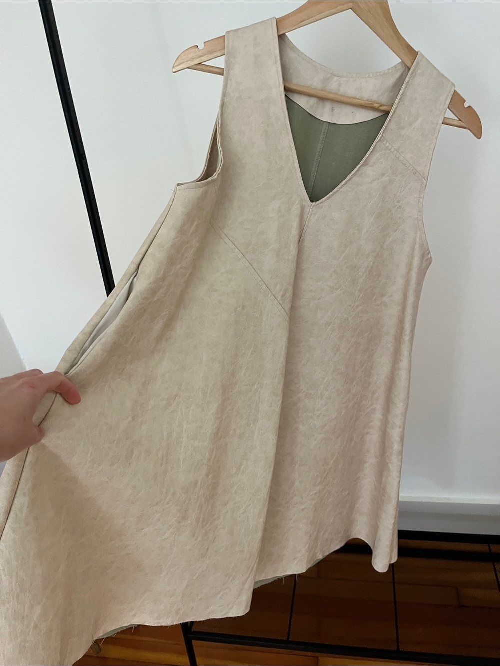 Faux Leather Sleeveless V-Neck A-Line Dress in Light Beige - Italian Brand - Picture 3 of 6